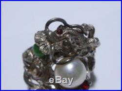 ANTIQUE OLD CHINESE EXPORT STERLING SILVER PEARL JADE DOUBLE DRAGON SHIELD RING