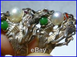 ANTIQUE OLD CHINESE EXPORT STERLING SILVER PEARL JADE DOUBLE DRAGON SHIELD RING