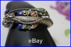 ANTIQUE ORIENTAL CHINESE STERLING SILVER Lapis Coral Turquoise DRAGON BRACELET