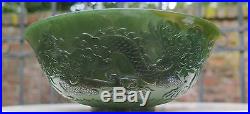 Antique Qing Dynasty Signed Chinese Asian Spinach Green Jade Dragon Bowl