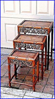 ANTIQUE SET OF 3 CHINESE ROSEWOOD BAMBOO DESIGN WithDRAGON & BAT NESTING TABLES