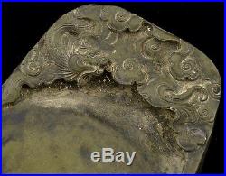 ANTIQUE SIGNED 19THC CHINESE DRAGON FIGURAL SCHOLARS CARVED DUAN STONE INKSTONE