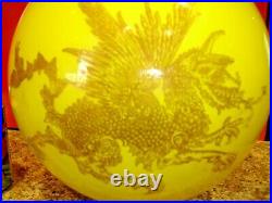 ANTIQUE YELLOW CASED GLASS LAMP SHADE WithGilt Chinese Japanese Dragon ON 2 SIDES