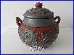 Antique Yixing Red Stoneware 4 Piece Tea Set With Pewter Dragon Overlay