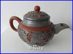 Antique Yixing Red Stoneware 4 Piece Tea Set With Pewter Dragon Overlay