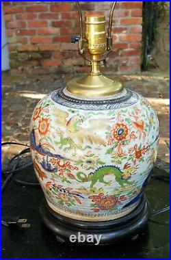 ANTIQUE c. 1820 CHINESE PORCELAIN VASE LAMP with PAVILLION, DRAGON, PHOENIX ANIMALS