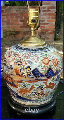 ANTIQUE c. 1820 CHINESE PORCELAIN VASE LAMP with PAVILLION, DRAGON, PHOENIX ANIMALS