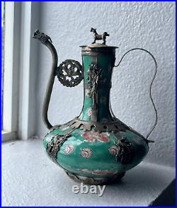 ANTIQUE c. 1909 CHINESE ZODIAC PORCELAIN SILVER OVERLAY TEAPOT