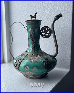 ANTIQUE c. 1909 CHINESE ZODIAC PORCELAIN SILVER OVERLAY TEAPOT