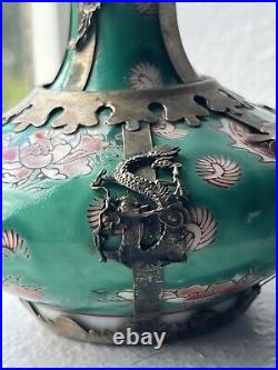 ANTIQUE c. 1909 CHINESE ZODIAC PORCELAIN SILVER OVERLAY TEAPOT