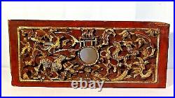 ANTIQUE19c CHINESE WOOD LACQUERED RED GILT CARVED PANEL WithPAGODA, FOO-LION, DRAGON