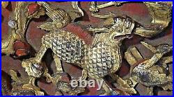 ANTIQUE19c CHINESE WOOD LACQUERED RED GILT CARVED PANEL WithPAGODA, FOO-LION, DRAGON