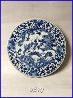 Amazing Antique Chinese Blue And White Dragon Tile / Plaque 19th Century 22.7 Cm