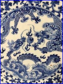 Amazing Antique Chinese Blue And White Dragon Tile / Plaque 19th Century 22.7 Cm