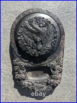 Amazing Antique Chinese Hand Carved Dragon Ink-stone With Phoenix Lid