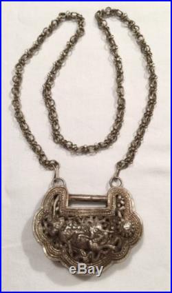 Amazing Antique Vintage Chinese Silver Lock Dragon Pendant Necklace