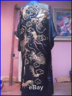 Amazing Antique vintage chinese oriental dragon hand embroidery kimono goldwork