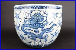 Amazing Large blue and white chinese porcelain dragon basin, Qing