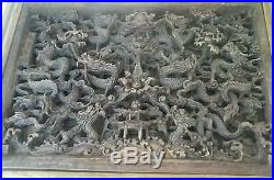 Amazing Old Signed Antique Chinese Wood Temple Carved Wooden Panel Dragons China