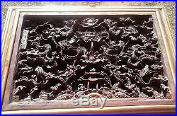 Amazing Old Signed Antique Chinese Wood Temple Carved Wooden Panel Dragons China