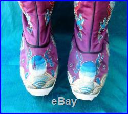 Amazing Vintage Antique Chinese Purple Silk Embroidered Boots Dragon Waves