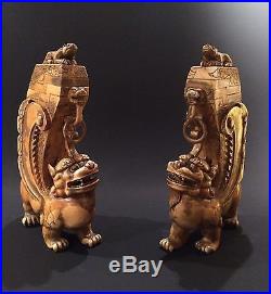 Amazing wood base Chinese carved dragon figure vases china 18/19th Century