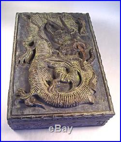 An Antique Chinese Carved Wood Box 4 Toed Dragon T49