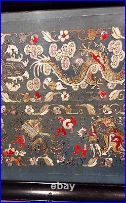 Ancient Chinese 5-toed Dragon Silk and Metallic Embroidered Tray 26.5 x 11