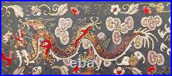 Ancient Chinese 5-toed Dragon Silk and Metallic Embroidered Tray 26.5 x 11