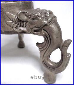 Antiq Signed Chinese Silver Frog Lily Pad Dragon Tripod Foo Dog Lion Candlestick