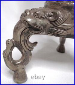 Antiq Signed Chinese Silver Frog Lily Pad Dragon Tripod Foo Dog Lion Candlestick