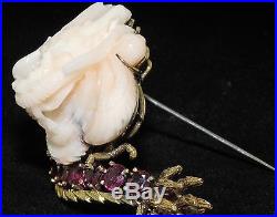 Antique 14k Gold Chinese Carved Dragon Angelskin Coral Sapphire Pin Brooch