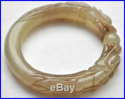 Antique 18-9th Century Chinese White Jade Dragon with Ball Small Bangle/Bracelet