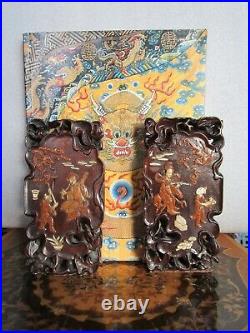 Antique 1800s Chinese Imperial Dragon & Phoenix Carved Zitan Wood Bookend Set