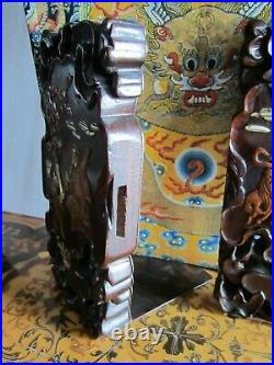 Antique 1800s Chinese Imperial Dragon & Phoenix Carved Zitan Wood Bookend Set