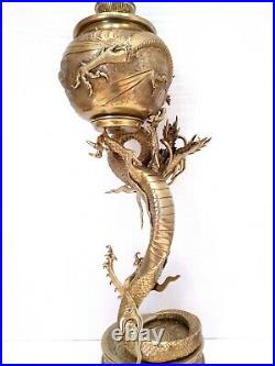 Antique 1880 Gwtw Huge Chinese Gilt Bronze Dragon Figural Victorian Oil Lamp Wow