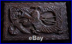 Antique 19. Century Chinese Handcarved Dragon Wood Large Box Raised Hollow Relief