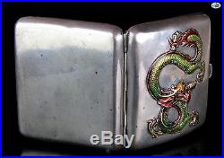Antique 1900 Chinese Sterling Silver Colorful Raised Dragon Cigarette Case
