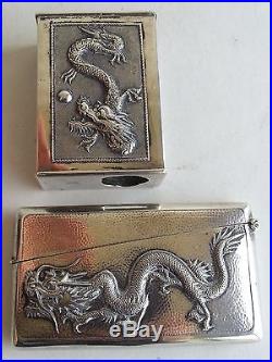 Antique 1900 WOSHING SHANGHAI Chinese Export Silver Card Case Dragon Matchbox