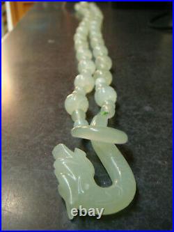 Antique 1920's Chinese Carved Jade Bead Necklace With Dragon Head Clasp 32