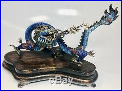 Antique 1920s Chinese Enamel on Silver Dragon Figure With Pearls on Wood Stand