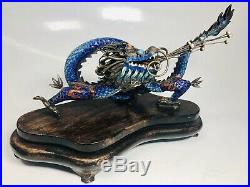 Antique 1920s Chinese Enamel on Silver Dragon Figure With Pearls on Wood Stand