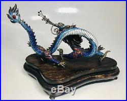 Antique 1920s Chinese Enamel on Silver Dragon Figure With Pearls on Wood Stand