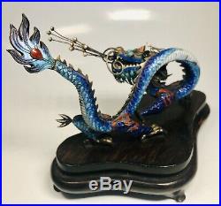 Antique 1920s Chinese Enamel on Silver Dragon Figure With Pearls on Wood Stand