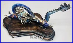 Antique 1920s Chinese Enamel on Silver Dragon Figure With Pearls on Wood Stand