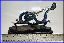 Antique 1920s Chinese Enamel on Silver Dragon Figure With Pearls on Wood Stand