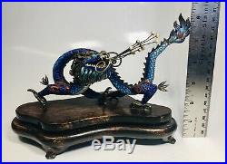 Antique 1920s Chinese Enamel on Silver Dragon Figure With Pearls on Wood Stand