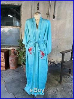 Antique 1930s Blue Silk Chinese Robe Red Embroidered Dragon & Bat Belt Vintage