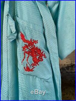 Antique 1930s Blue Silk Chinese Robe Red Embroidered Dragon & Bat Belt Vintage