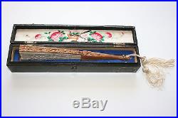 Antique 19c Chinese Bamboo Dragon Phoenix Embroidery Silk Hand Fan Lacquer Boxed